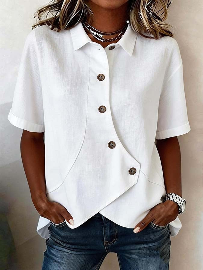 Women's Casual Solid Color Irregular Hem Button Up Short Sleeve Loose Top Summer Vacation Outfit - Seldom Seen Styles