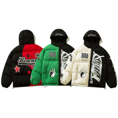 Women's Street Guochao Flame Taichi Contrast Color Hooded Thickened Puffer Jacket American Retro Unisex | Taichi Flame Puffer