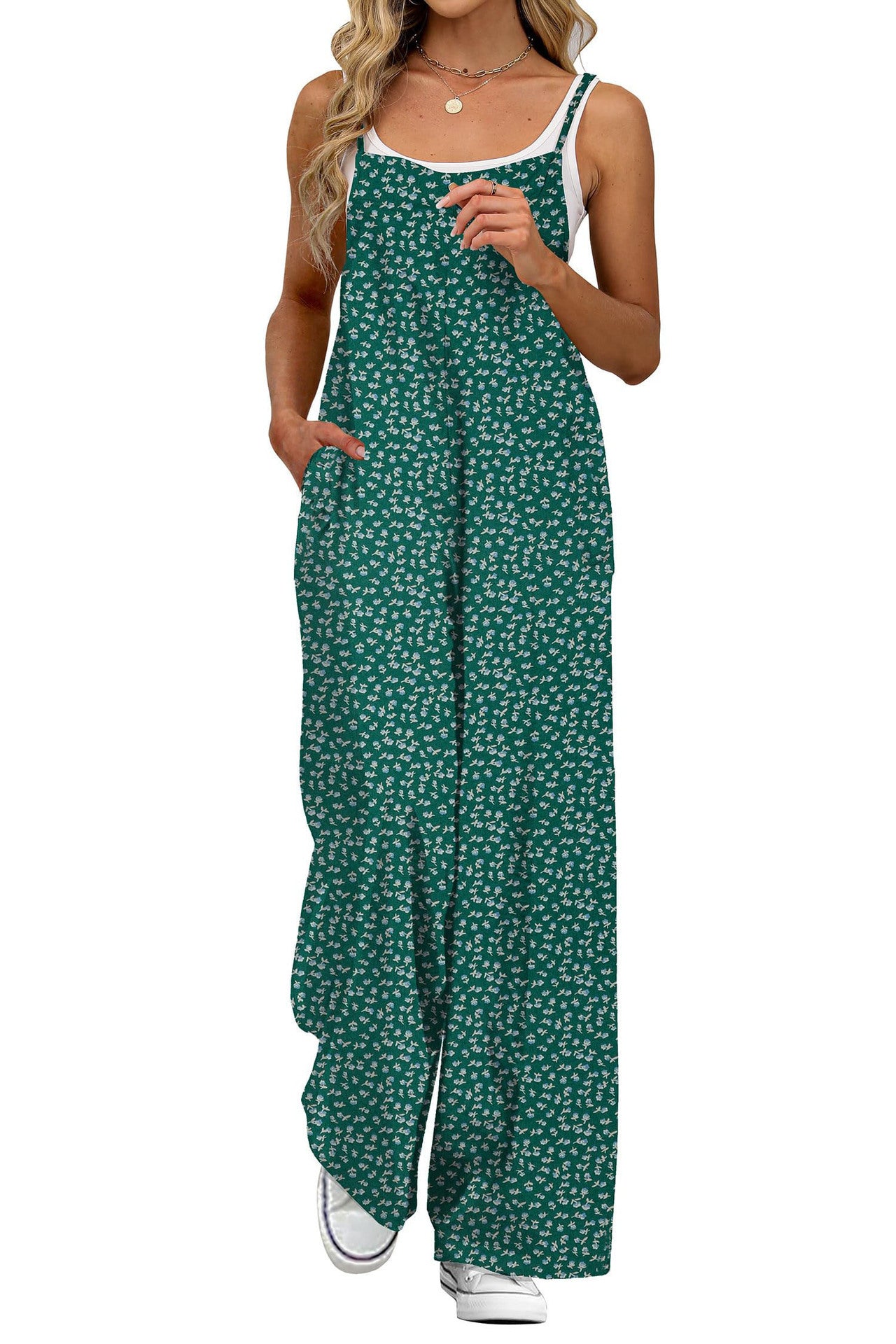 Women's Floral Print Jumpsuit Sleeveless Wide Leg Jumpsuit Adjustable Strap Casual Summer Romper with Pockets