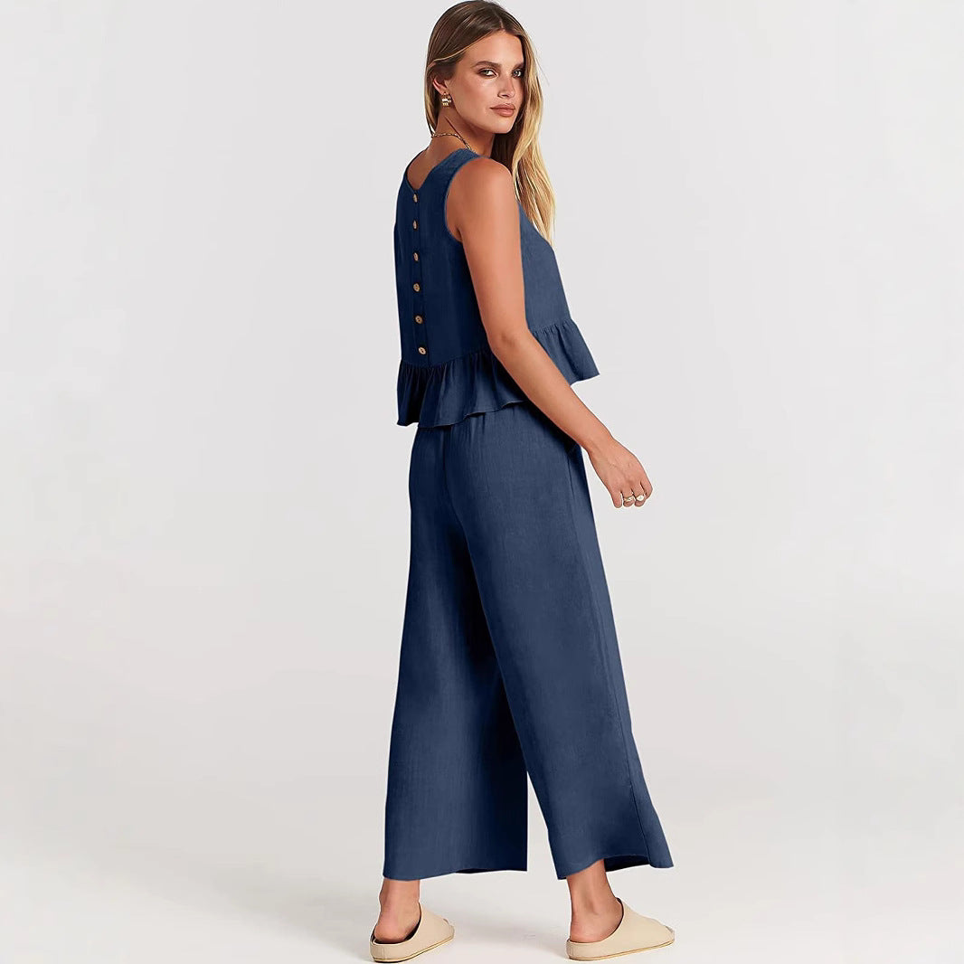 Women's Sleeveless Two Piece Pants Set Casual Ruffle Hem Top and Wide Leg Cropped Pants Matching Summer Outfit - Seldom Seen Styles