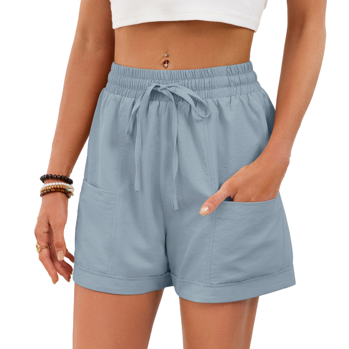 Women's Solid Color Pocket Drawstring Elastic Waist Loose Casual Shorts Summer Beach Vacation - Seldom Seen Styles