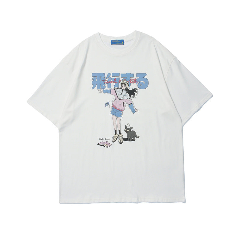 Crew Neck Short Sleeve Japanese Anime Girl Cat Graphic Print T-Shirt Loose Oversized Cyberpunk Streetwear Casual Summer Top | Hikō Girl