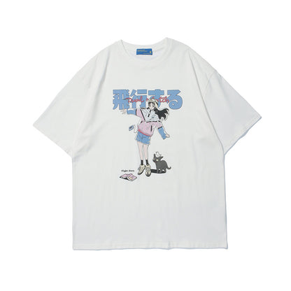 Crew Neck Short Sleeve Japanese Anime Girl Cat Graphic Print T-Shirt Loose Oversized Cyberpunk Streetwear Casual Summer Top | Hikō Girl