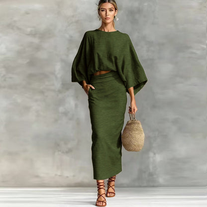 Women's Linen Blend Batwing Sleeve Top and Maxi Skirt Set Elegant Two Piece Matching Outfit