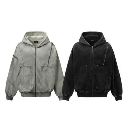TALISHKO / SUPERMADE Street Washed Distressed Stitching Rivet Hooded Jacket