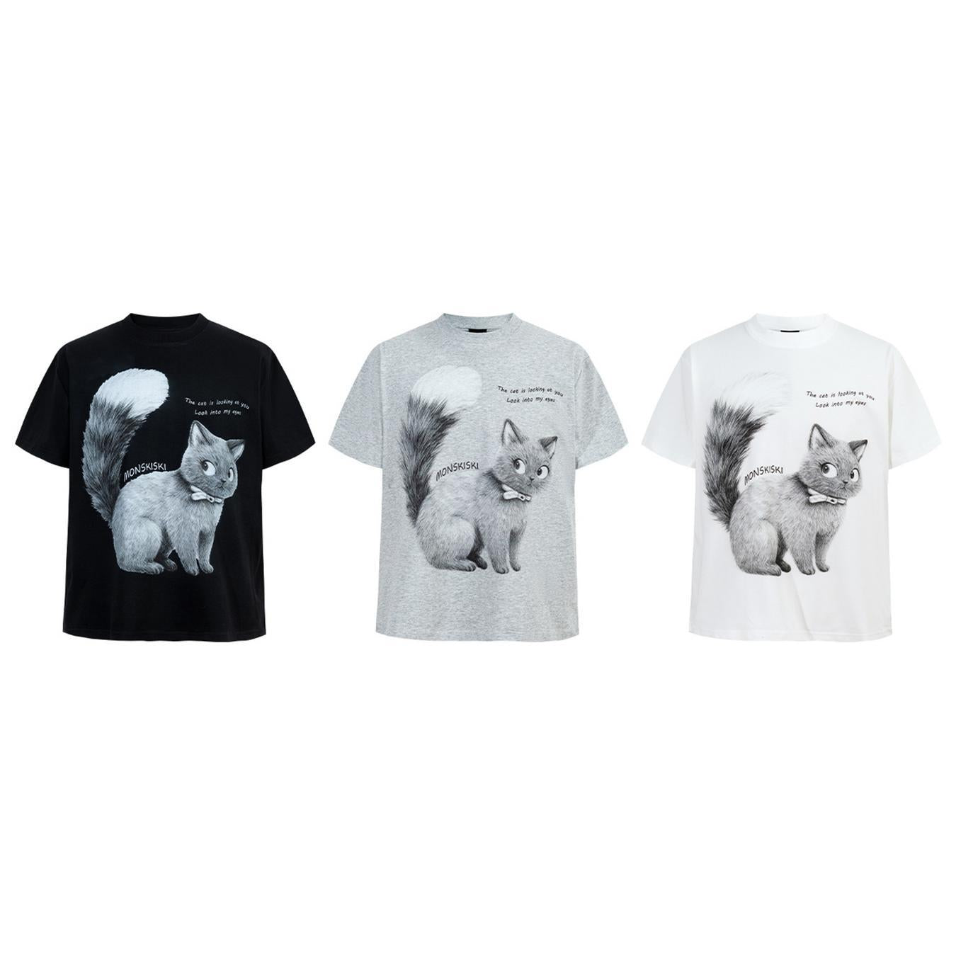 Cat Letter Print Short Sleeve T-Shirt Ice Fabric Cooling UPF50 Quick Dry Loose Fit Streetwear Couple Summer Casual Tee | Cool Cat Tee