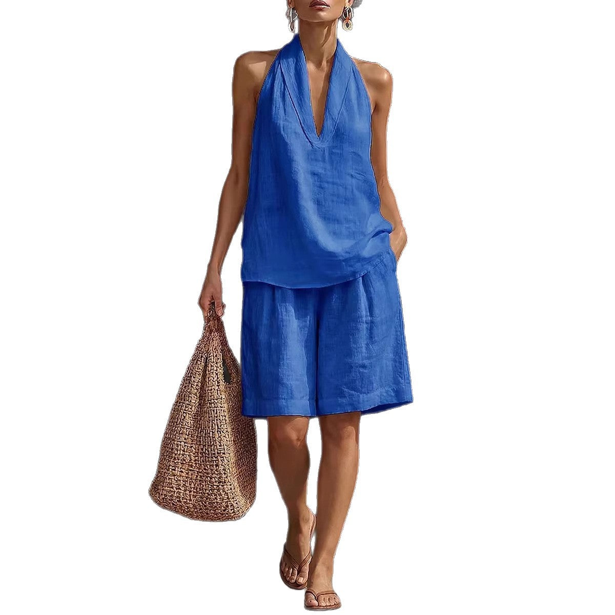 Women's Linen Blend Halter Neck Top and Shorts Set Casual Summer Two Piece Resort Outfit
