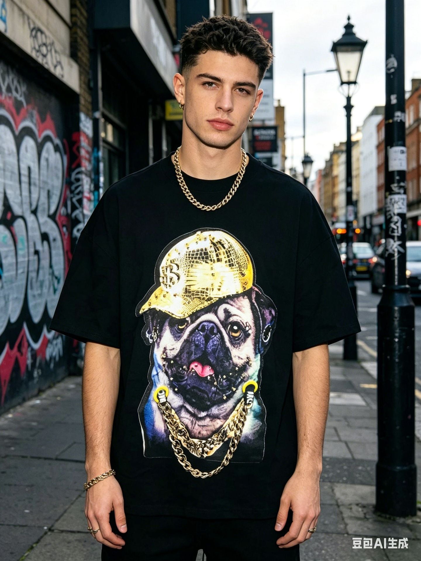 Graphic Print Short Sleeve T-Shirt Gold Chain Bulldog Oversized Loose Fit Heavy Industry Streetwear Couple Summer Casual Tee | Chain Pup Tee