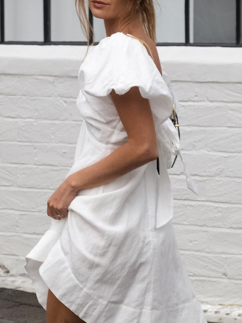 Women's White Puff Sleeve Mini Dress V Neck Casual Flowy Summer Sundress - Seldom Seen Styles