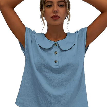 Women's Solid Color Short Sleeve Lapel Button-Up Top Shirt Casual Summer Beach Vacation