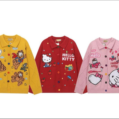 Hello Kitty Applique Embroidered Lapel Knit Sweater Unisex Loose Fit Retro Couple Knitwear Niche Streetwear | Kitty Knit