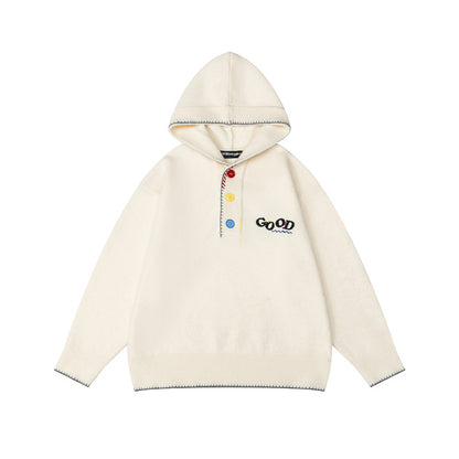 Women's Embroidered Knit Hoodie Colorful Button Placket Oversized Casual Korean Niche Pullover Sweater Autumn | Good Button