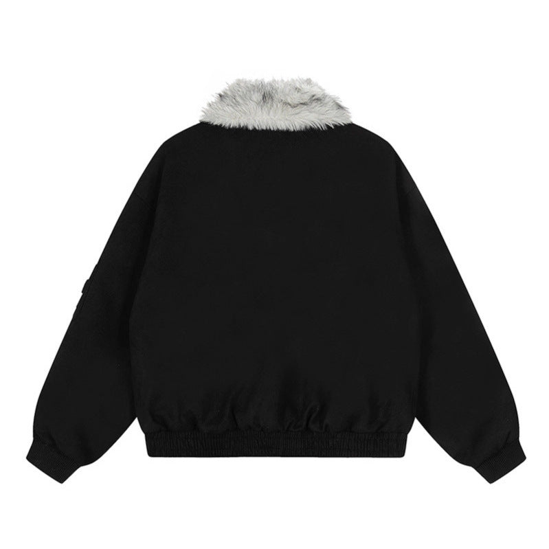 Faux Fur Collar Suede-Texture Buckle Bomber Jacket
