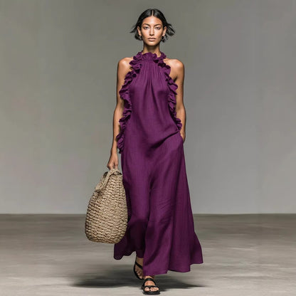 Women's Ruffle Collar Sleeveless Loose Maxi Dress Elegant Summer Vacation Beach Long Dress