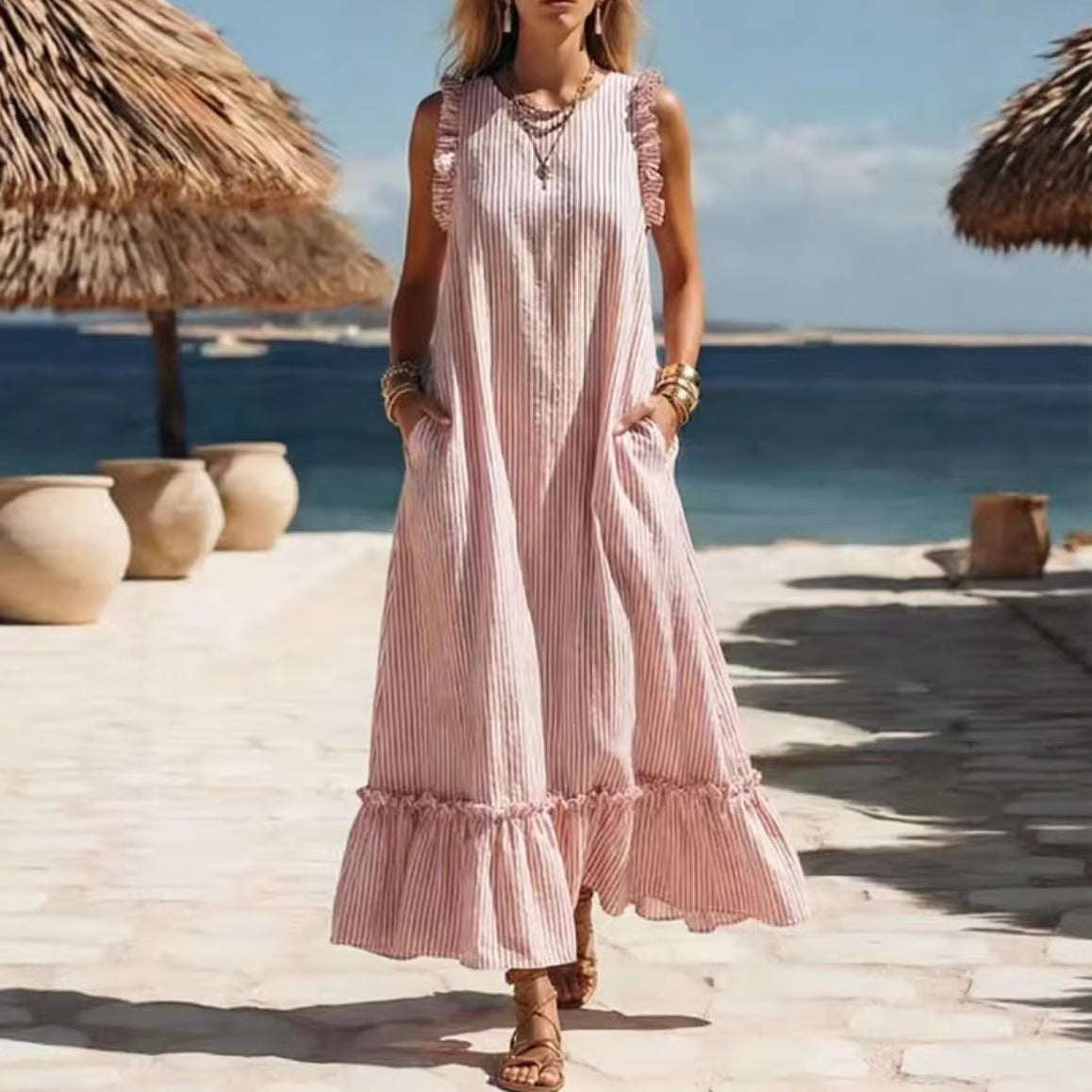 Women's Striped Sleeveless Ruffle Hem Loose Dress Casual Summer Beach Vacation Midi Dress - Seldom Seen Styles