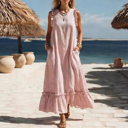 Women's Striped Sleeveless Ruffle Hem Loose Dress Casual Summer Beach Vacation Midi Dress