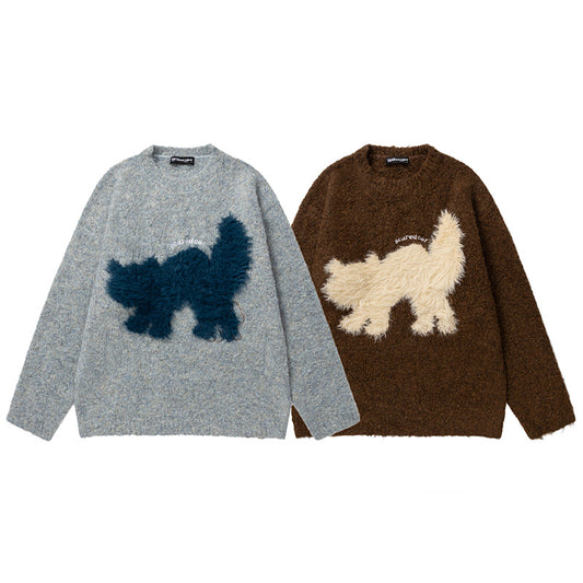 Crew Neck Long Sleeve Fluffy Cat Embroidered Knit Sweater Loose Oversized Casual Autumn Winter Pullover Top | Fluff Cat