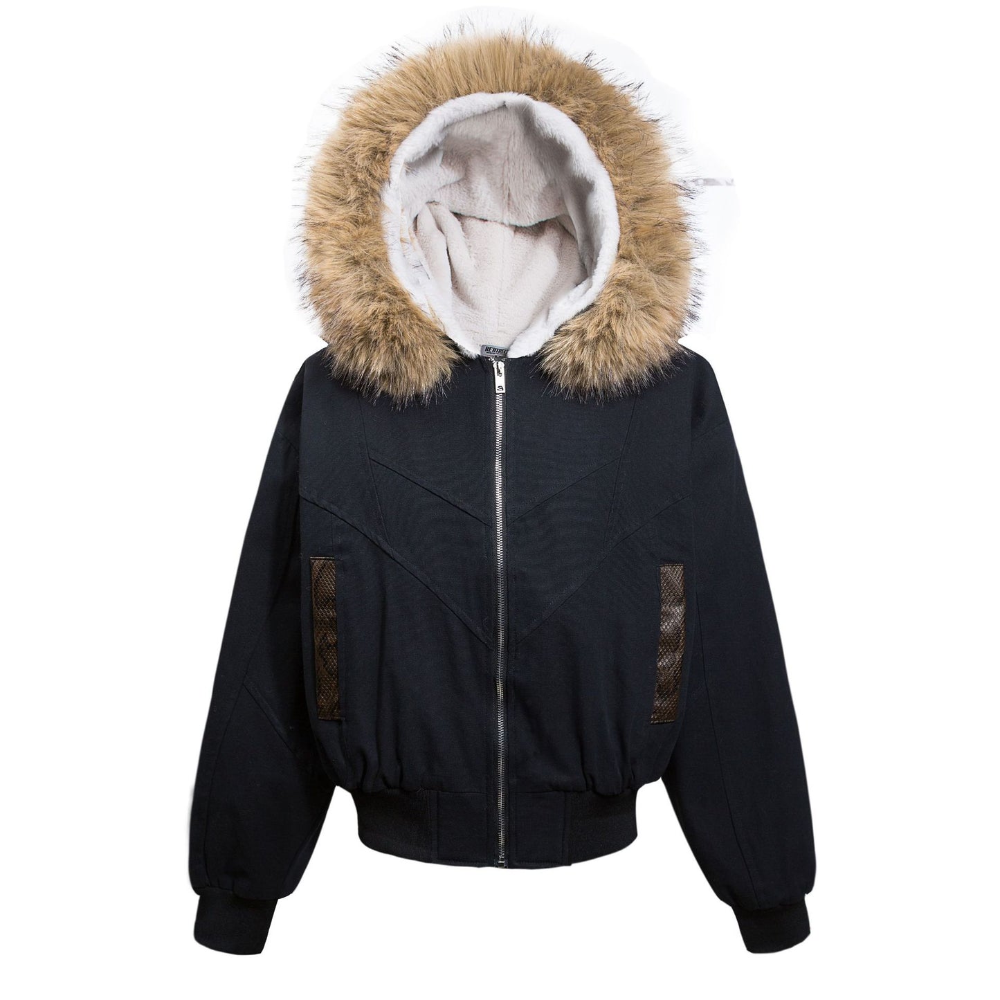 TALISHKO Faux Fur Lined Zip Up Winter Hooded Bomber Jacket
