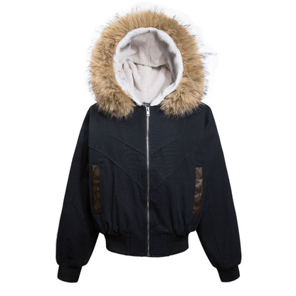 TALISHKO Faux Fur Lined Zip Up Winter Hooded Bomber Jacket