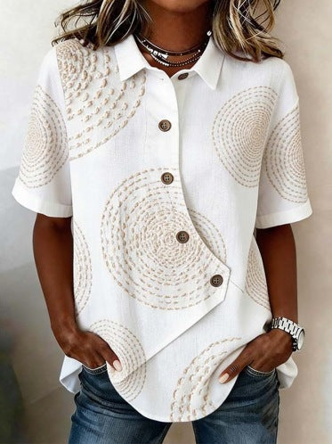 Women's Casual Solid Color Irregular Hem Button Up Short Sleeve Loose Top Summer Vacation Outfit