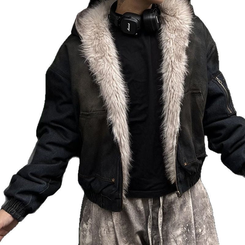 Washed Denim Fur Hooded Jacket