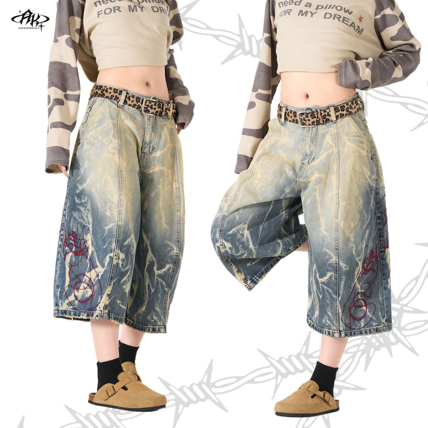 Retro Embroidery Heavy Washed Loose Lantern Cropped Shorts Hip Hop Vintage American Street Trendy Casual Denim | Bloom Lantern