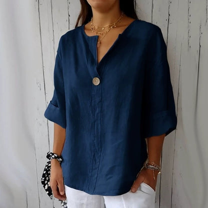 Women's Cotton Linen V-Neck Loose T-Shirt Button Detail Summer Casual Breathable Top Plus Size