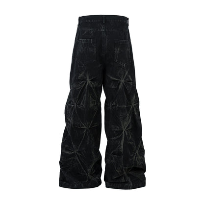 Heavy Washed Distressed Pleated Baggy Jeans