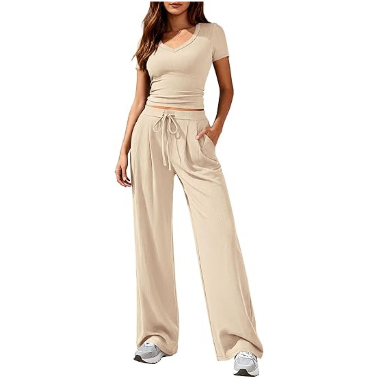 Women's Solid Color V-Neck Top Wide Leg Trousers Two Piece Set Casual Summer Vacation Outfit - Seldom Seen Styles