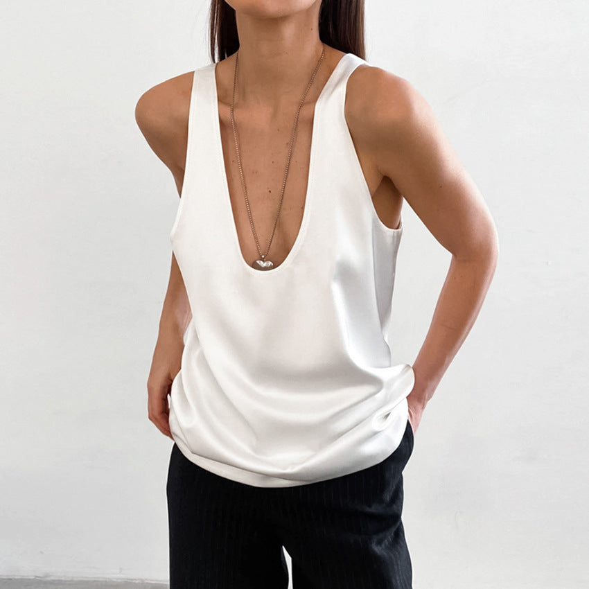 Women's Satin Deep V Neck Tank Top Loose Fit Sleeveless Silk Camisole Blouse - Seldom Seen Styles