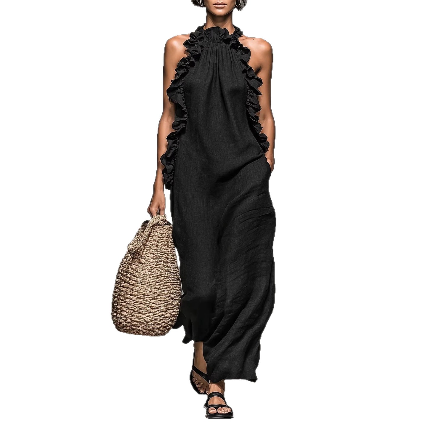 Women's Ruffle Collar Sleeveless Loose Maxi Dress Elegant Summer Vacation Beach Long Dress - Seldom Seen Styles