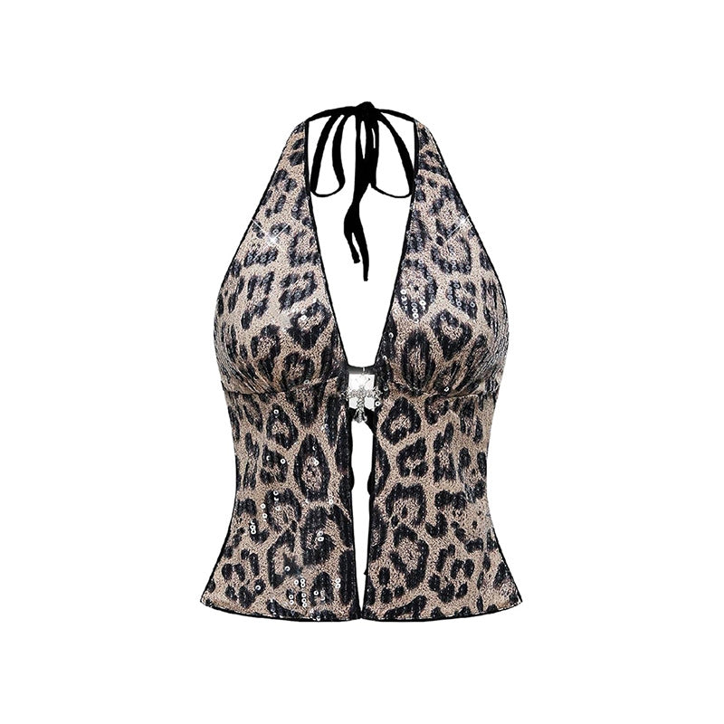 Neck Leopard Print Wild Sexy Hottie Slim Deep V Halter Sleeveless Neck Sexy Vest Ladies Top - Seldom Seen Styles