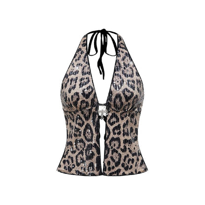 Neck Leopard Print Wild Sexy Hottie Slim Deep V Halter Sleeveless Neck Sexy Vest Ladies Top