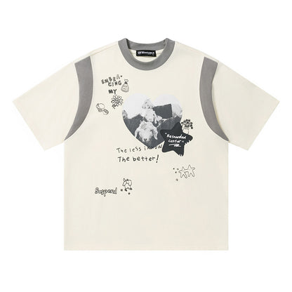 Heart Collage Graphic Oversized T-Shirt Faux Layer Crew Neck Short Sleeve Casual Summer Streetwear Tee | Less Know Tee