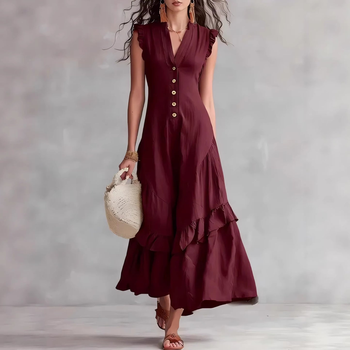Women's Cotton Linen Maxi Dress Sleeveless V Neck Button Front Ruffle Hem Boho Summer Dress with Pockets - Seldom Seen Styles