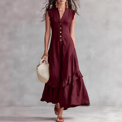 Women's Cotton Linen Maxi Dress Sleeveless V Neck Button Front Ruffle Hem Boho Summer Dress with Pockets
