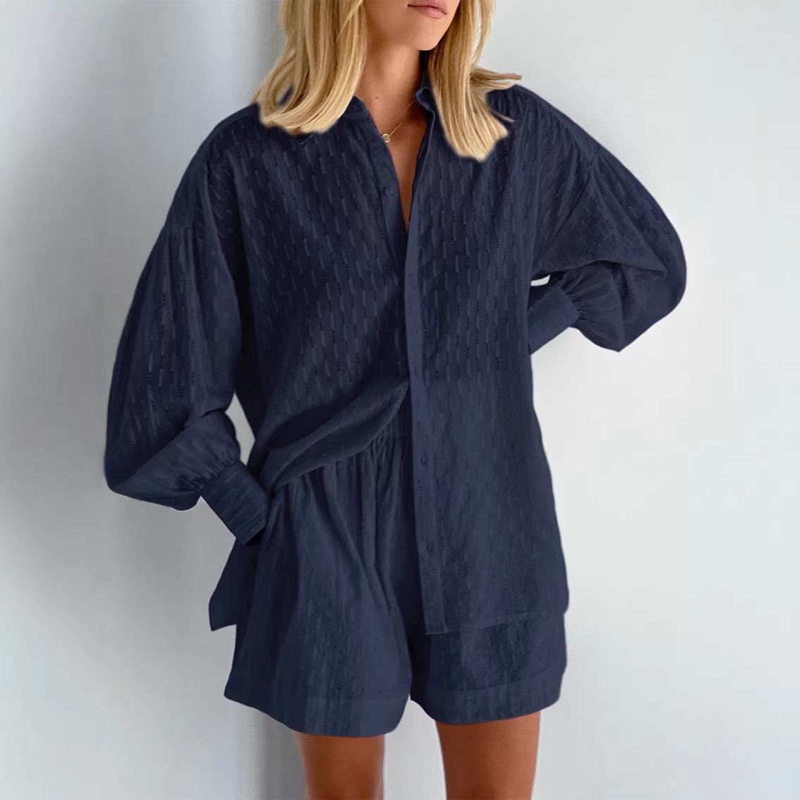 Women's Jacquard Bubble Sleeve Shirt Shorts Two-Piece Set Casual Commuter Chic Summer Outfit - Seldom Seen Styles