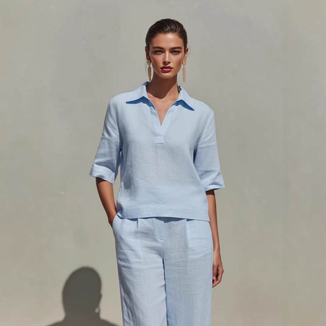 Women's Linen Two Piece Pants Set V Neck Blouse and Wide Leg Pants Casual Vacation Outfit - Seldom Seen Styles