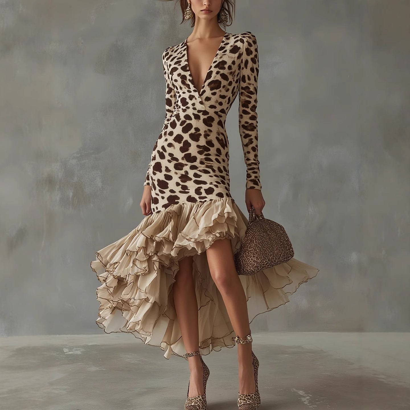 Women's Leopard Print High Low Maxi Dress Deep V Neck Long Sleeve Ruffle Hem Boho Party Dress