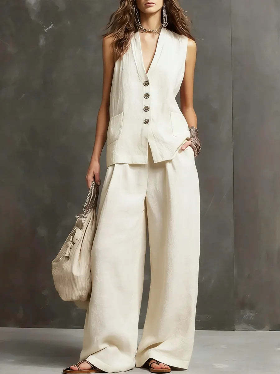 Women's Sleeveless Vest Wide Leg Pants Linen Two Piece Set Summer Casual Vacation Outfit - Seldom Seen Styles