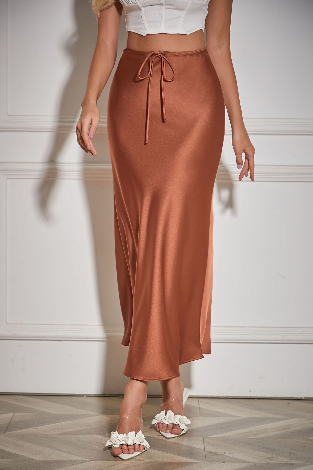 Satin High-Waisted Drawstring Belt Solid Color Midi Skirt - Seldom Seen Styles