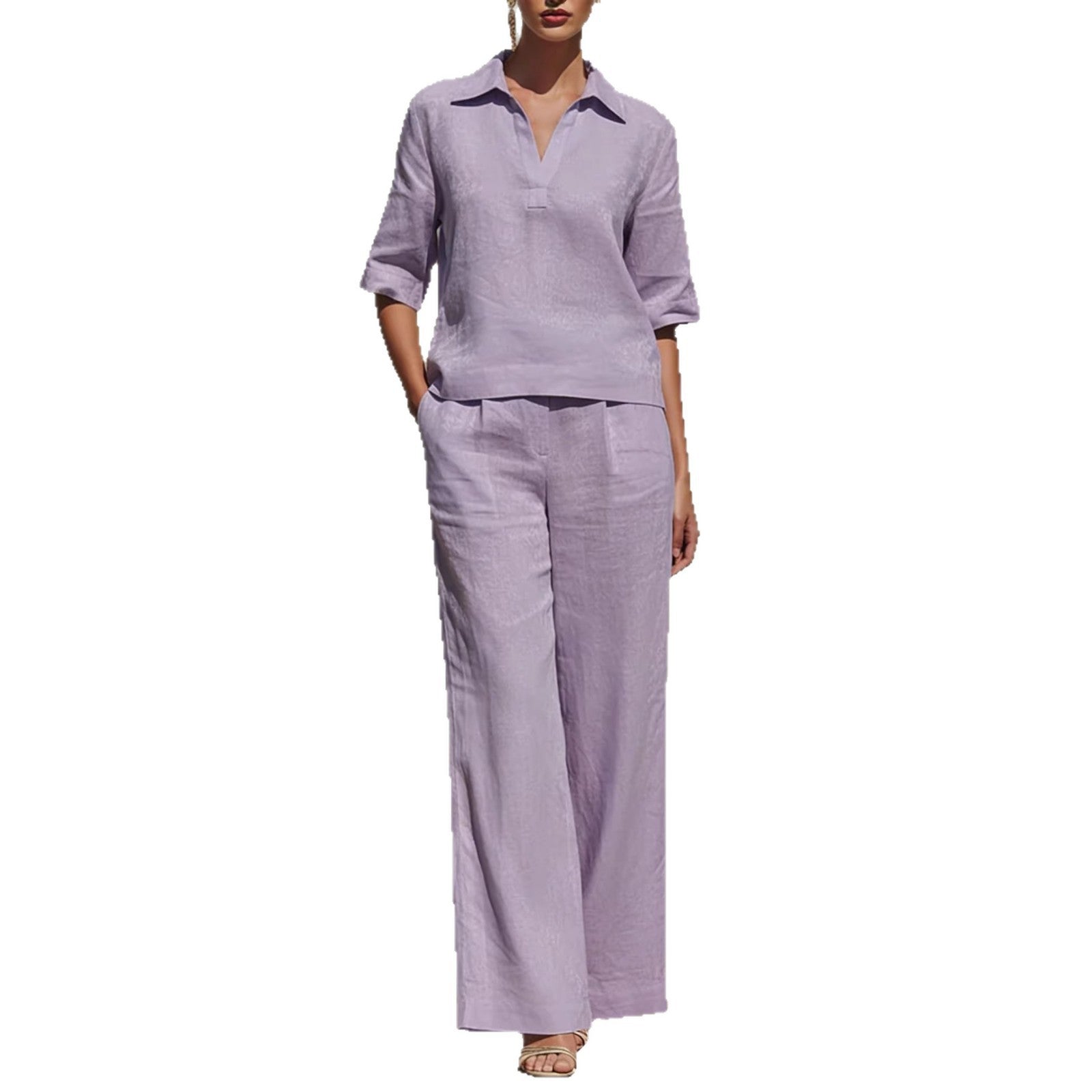 Women's Linen Two Piece Pants Set V Neck Blouse and Wide Leg Pants Casual Vacation Outfit - Seldom Seen Styles
