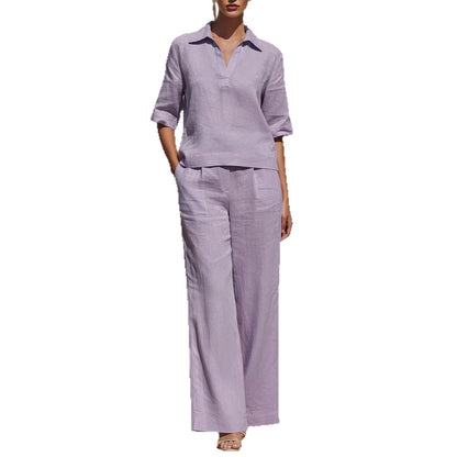 Women's Linen Two Piece Pants Set V Neck Blouse and Wide Leg Pants Casual Vacation Outfit