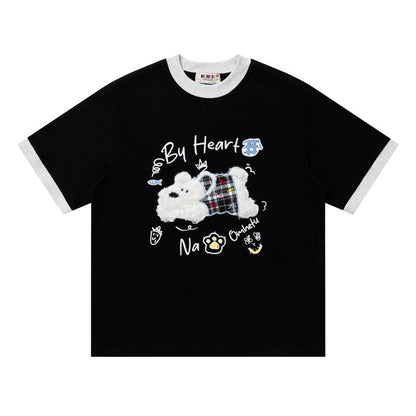 Plaid Bear Graphic Ringer T-Shirt Short Sleeve Crew Neck Oversized Casual Summer Streetwear Tee | Big Heart Ringer