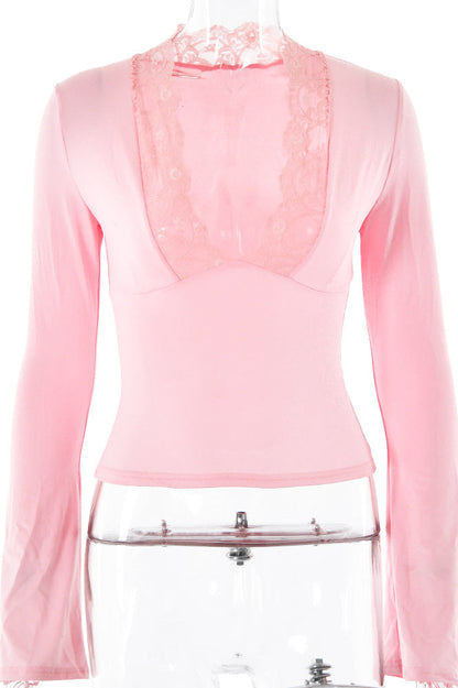 Lace Trimmed Deep V Flared Long Sleeved TopWomen's Lace Trim Deep V Neck Top Long Sleeve Slim Fit Flare Sleeve Blouse