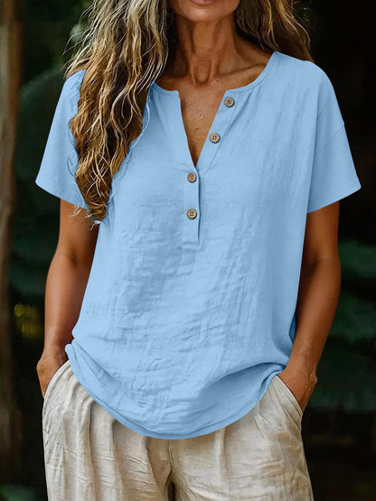Women's V-Neck Button Up Short Sleeve Solid Color Relaxed Fit Casual Summer Vacation Top