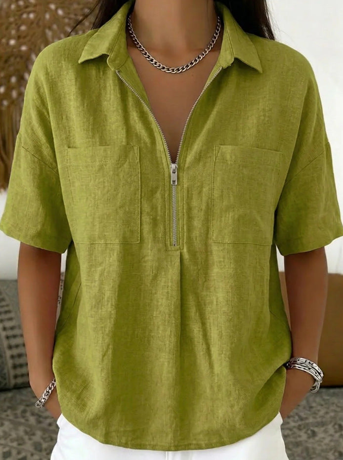 Women's Loose Lapel Short Sleeve Shirt V-Neck Zipper Casual Top Summer Vacation Outfit - Seldom Seen Styles