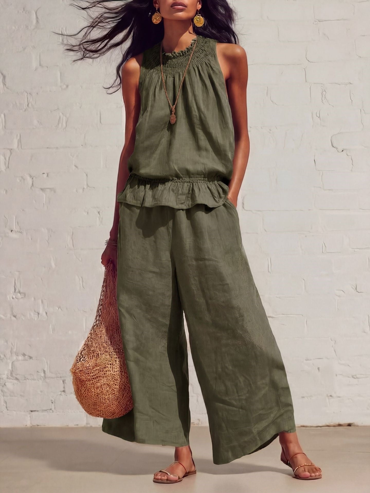 Women's Sleeveless Ruffle Wide Leg Pants Two Piece Set Cotton Linen Casual Summer Beach Outfit - Seldom Seen Styles
