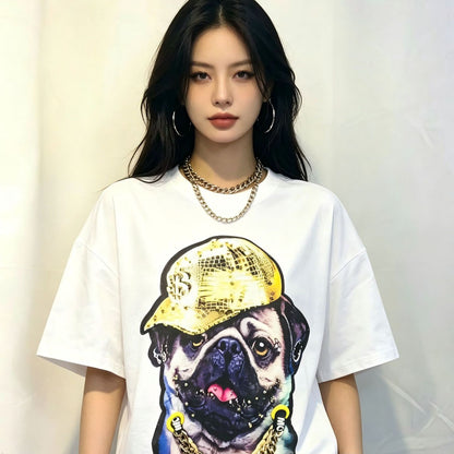 Graphic Print Short Sleeve T-Shirt Gold Chain Bulldog Oversized Loose Fit Heavy Industry Streetwear Couple Summer Casual Tee | Chain Pup Tee