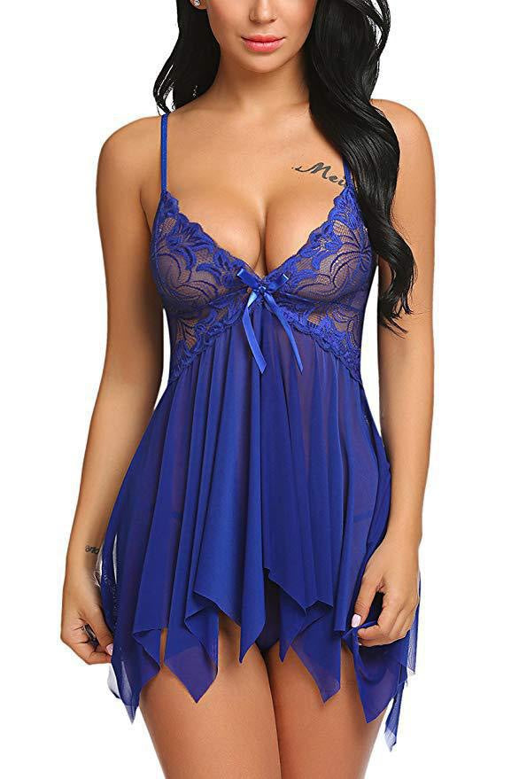 Women's Sheer Lace Babydoll Lingerie Set Deep V Neck Mesh Chemise Nightgown Sexy Sleepwear with Matching Thong - Seldom Seen Styles